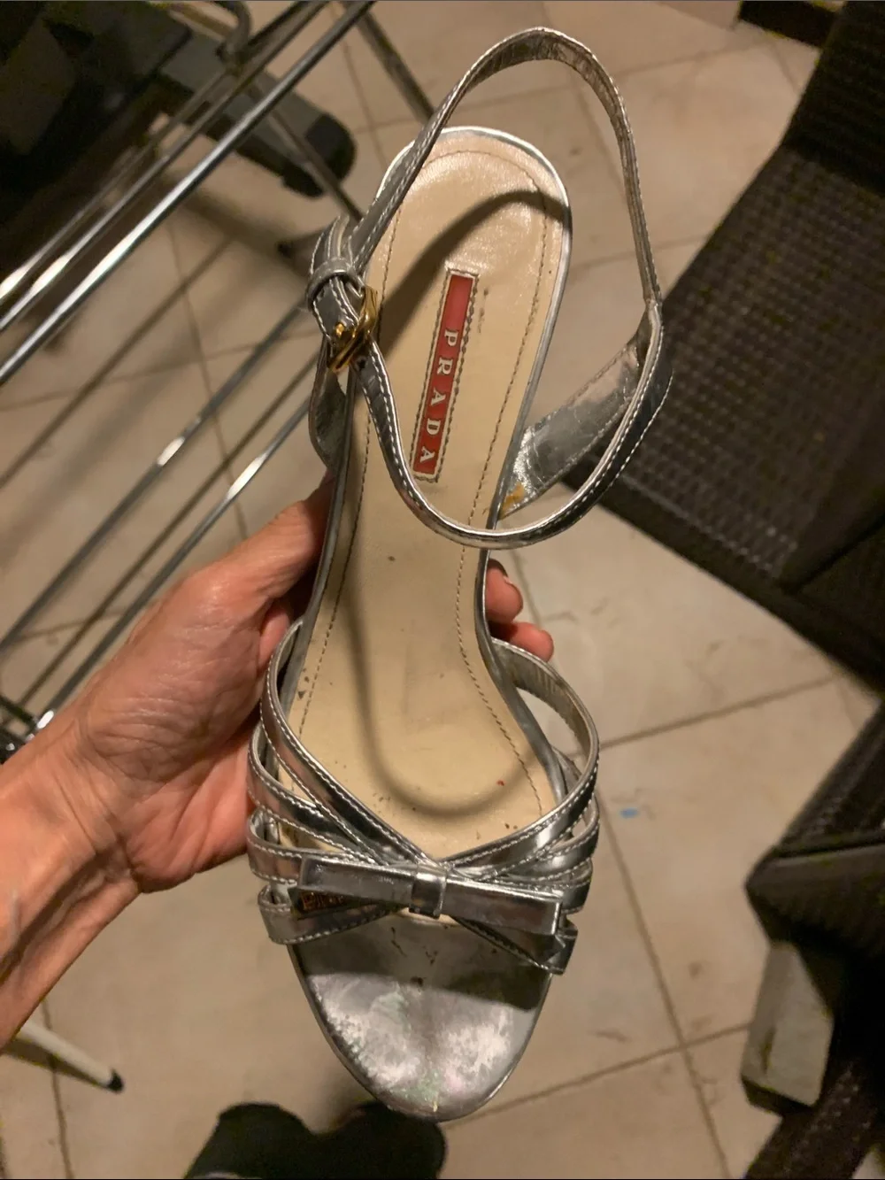 Prada Silver patten leatherDonna Bow cork wedge sandals